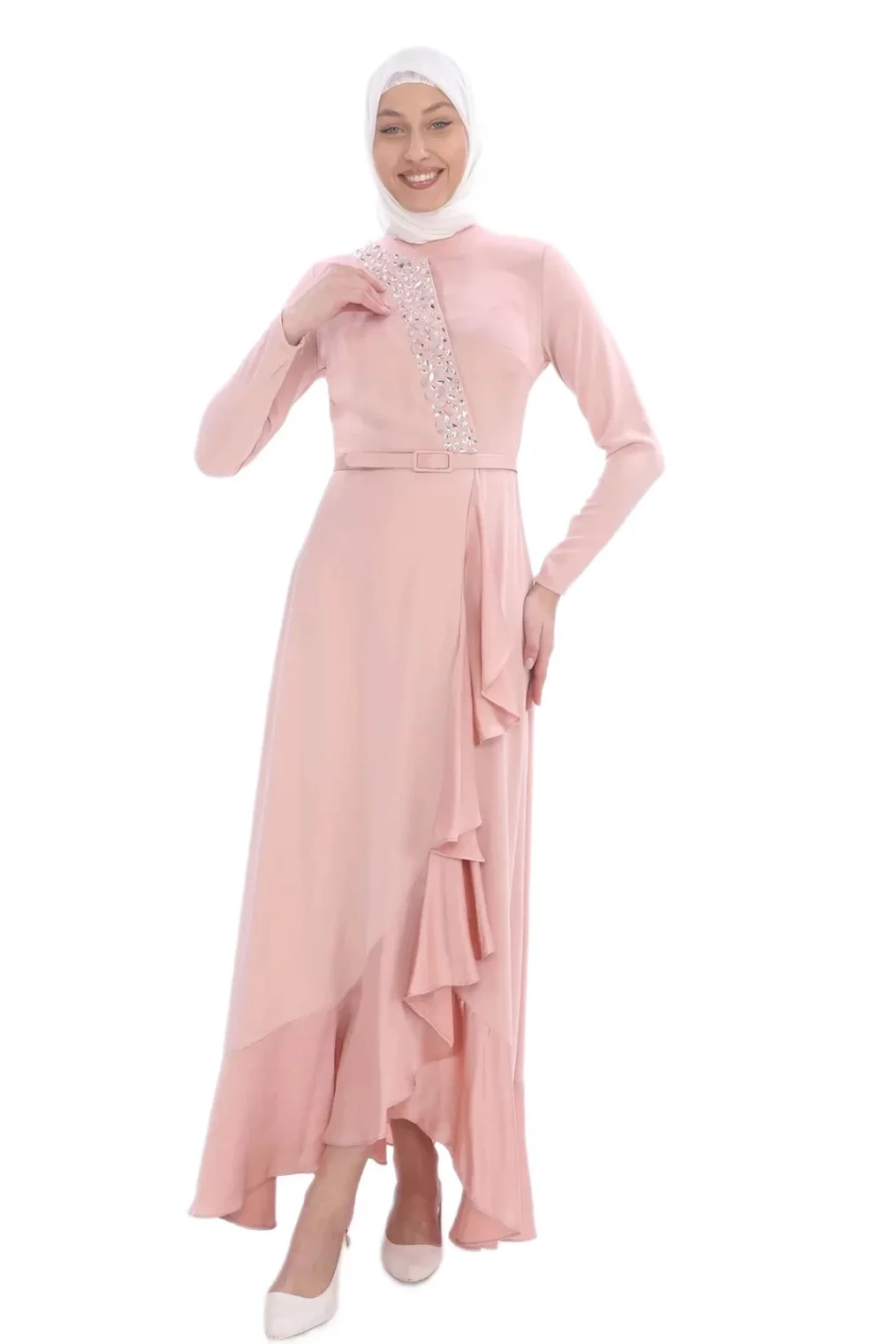 El İşlemeli Saten Elbise 693-Pudra