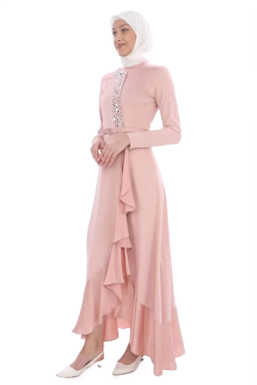 El İşlemeli Saten Elbise 693-Pudra