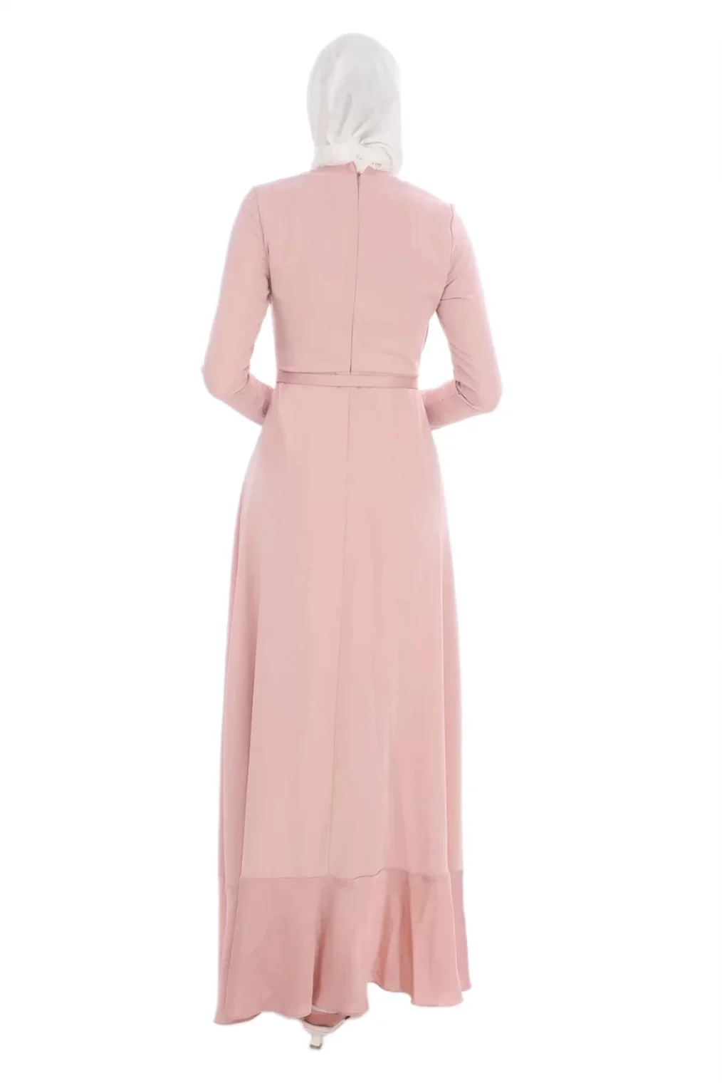 El İşlemeli Saten Elbise 693-Pudra