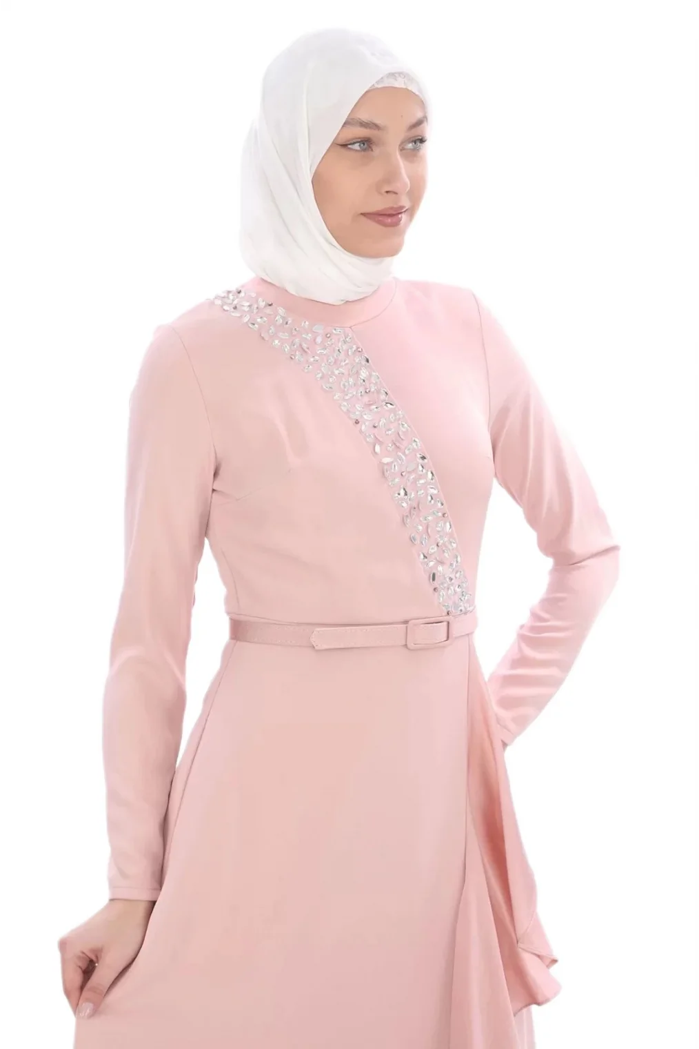 El İşlemeli Saten Elbise 693-Pudra