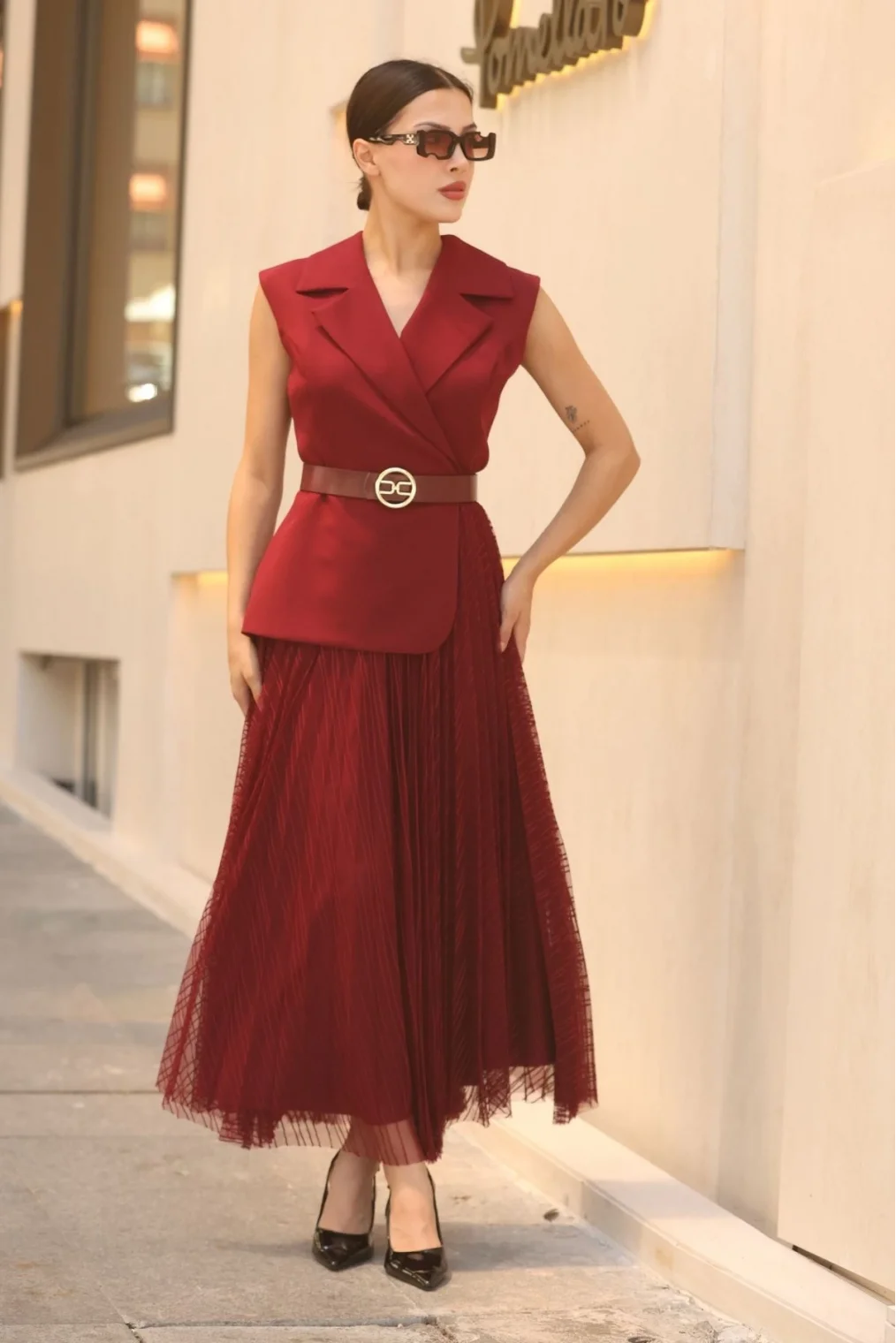 Eteği Piliseli Kemerli Abiye Elbise 2390-Bordo