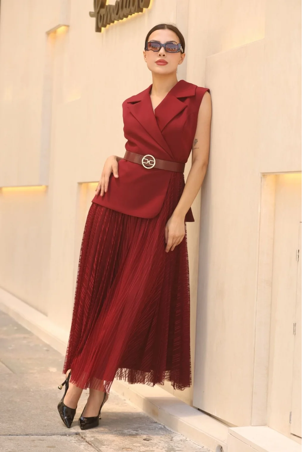 Eteği Piliseli Kemerli Abiye Elbise 2390-Bordo