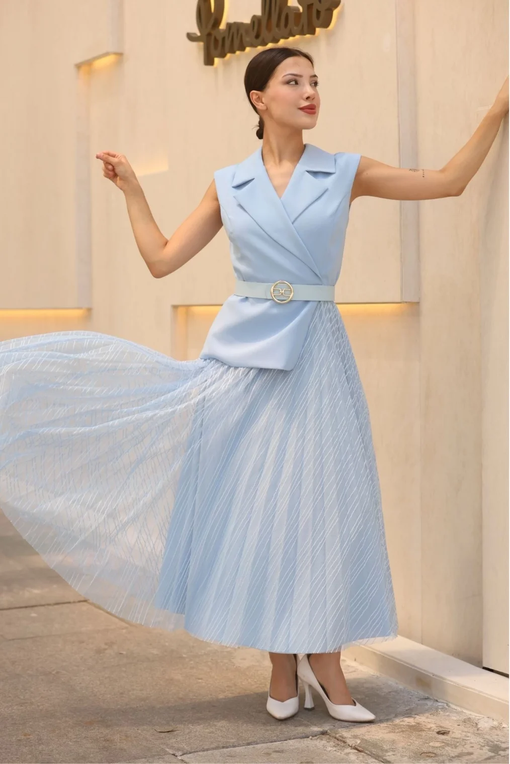 Eteği Piliseli Kemerli Abiye Elbise 2390-Mavi