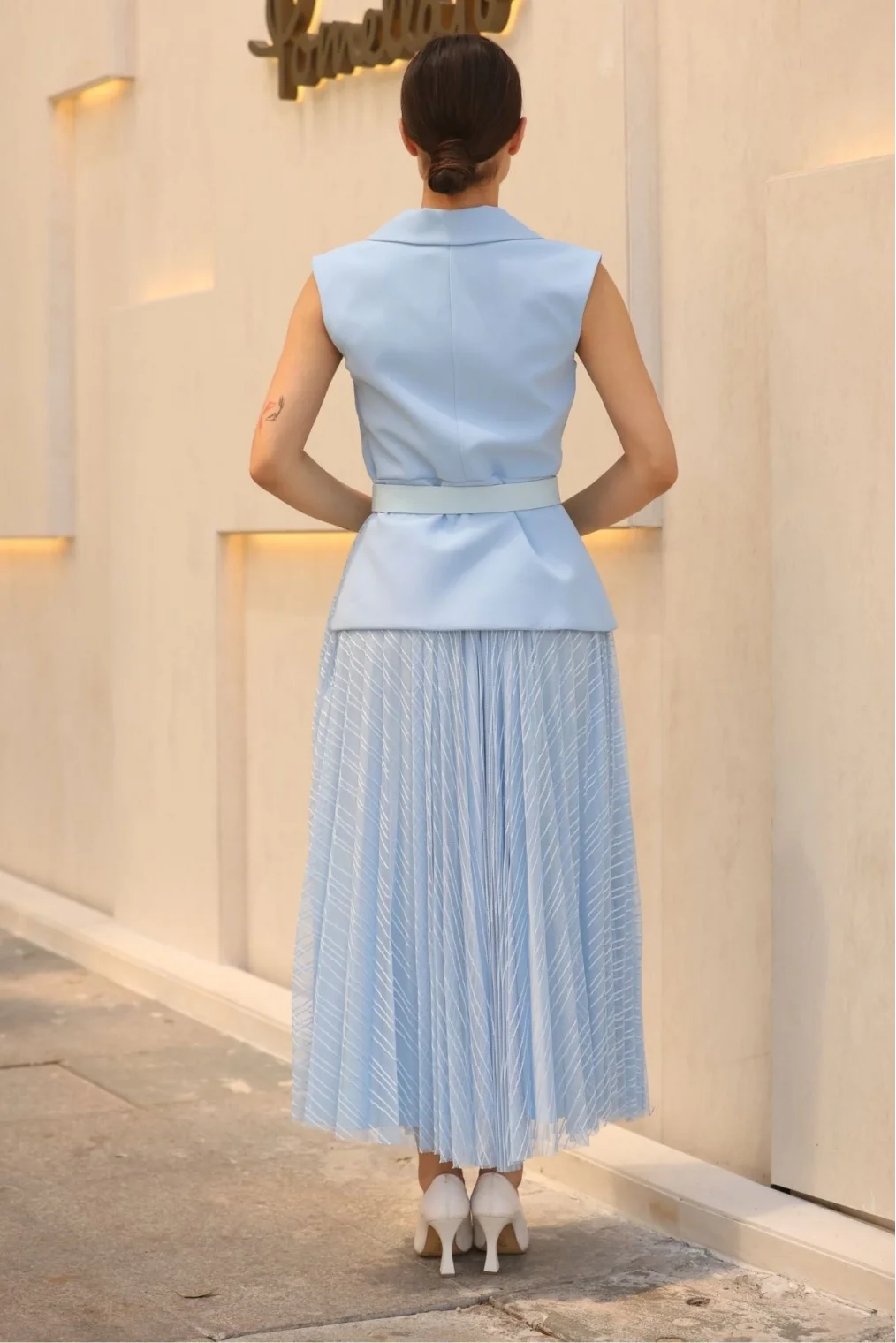 Eteği Piliseli Kemerli Abiye Elbise 2390-Mavi