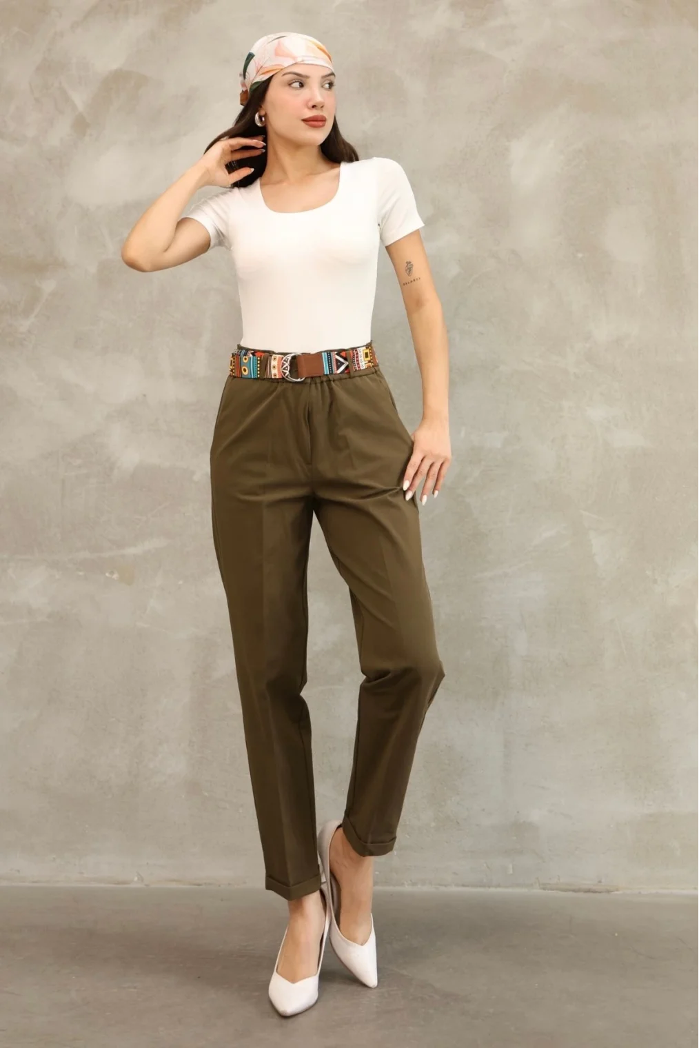 Etnik Desen Kemerli Gabardin Kumaş Pantolon 6176-Haki