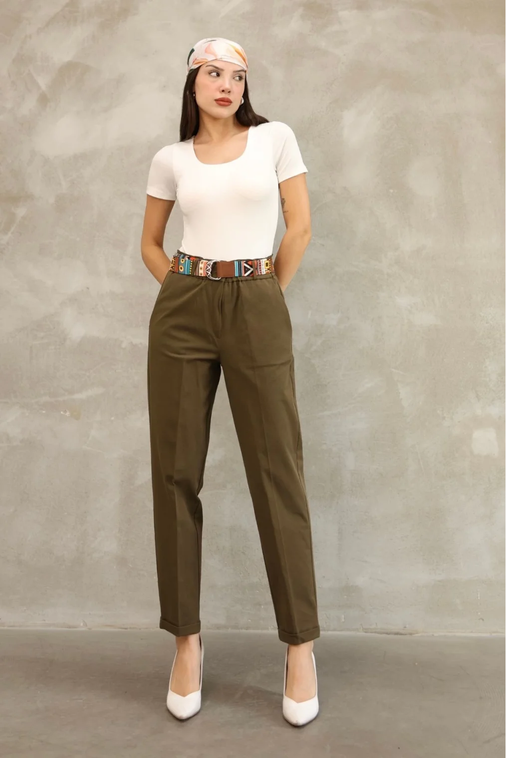 Etnik Desen Kemerli Gabardin Kumaş Pantolon 6176-Haki