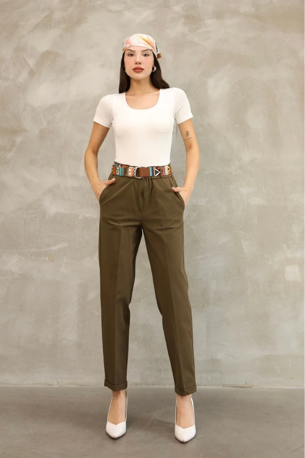 Etnik Desen Kemerli Gabardin Kumaş Pantolon 6176-Haki