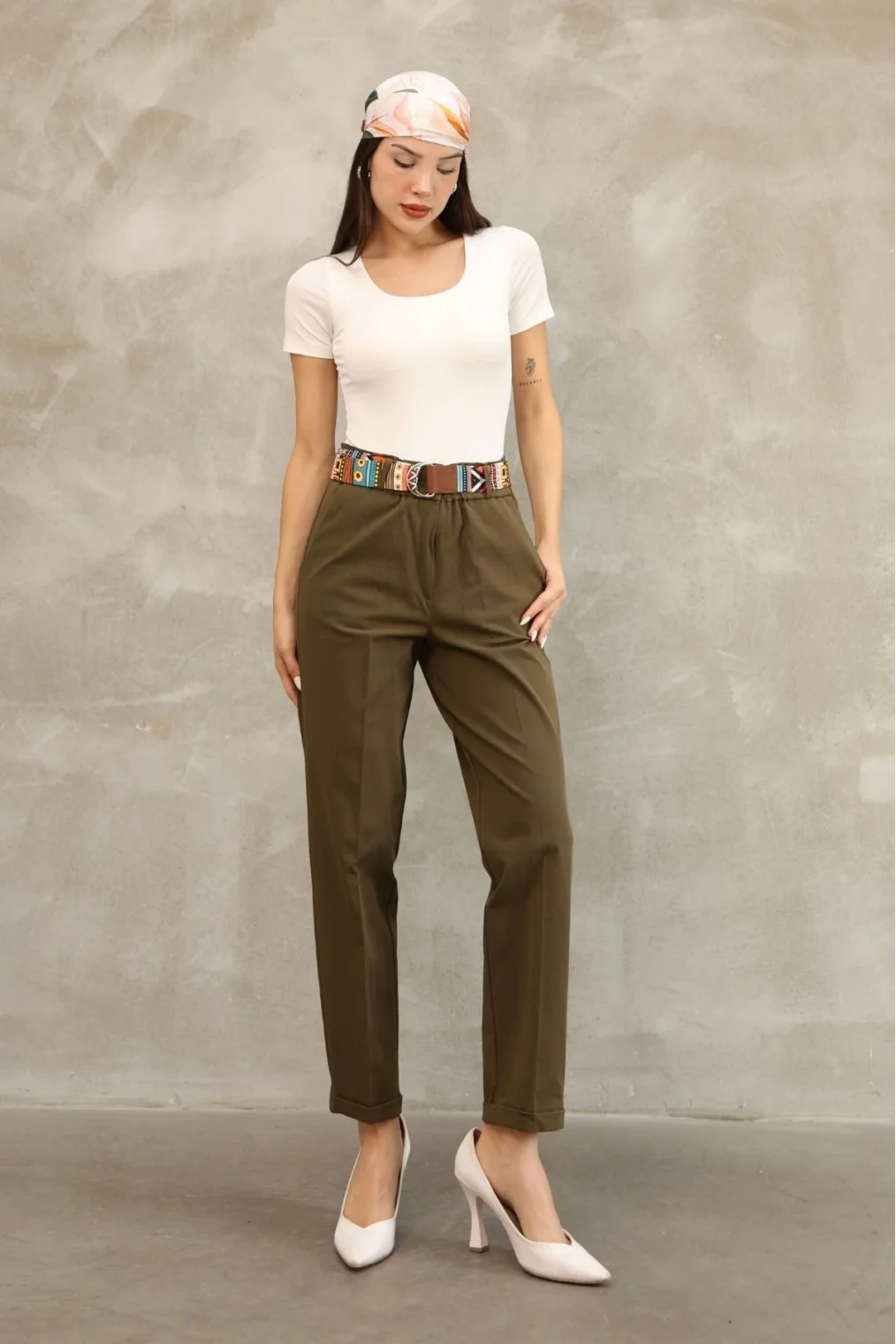 Etnik Desen Kemerli Gabardin Kumaş Pantolon 6176-Haki