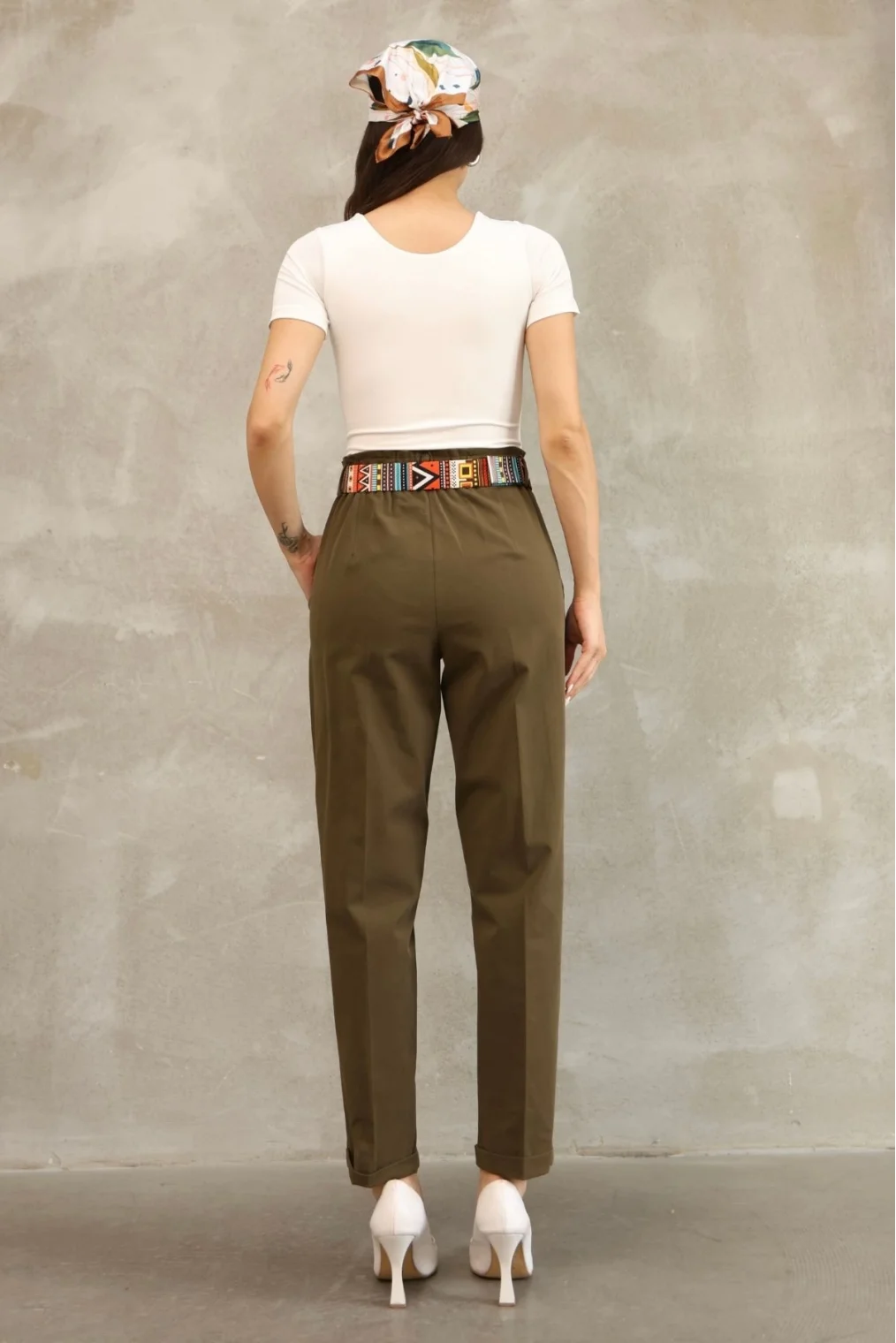 Etnik Desen Kemerli Gabardin Kumaş Pantolon 6176-Haki