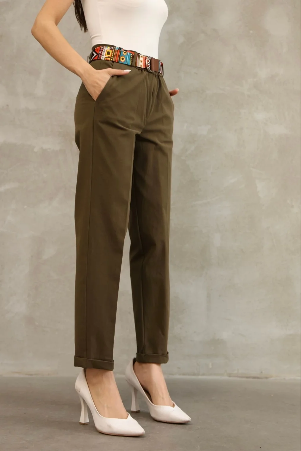 Etnik Desen Kemerli Gabardin Kumaş Pantolon 6176-Haki