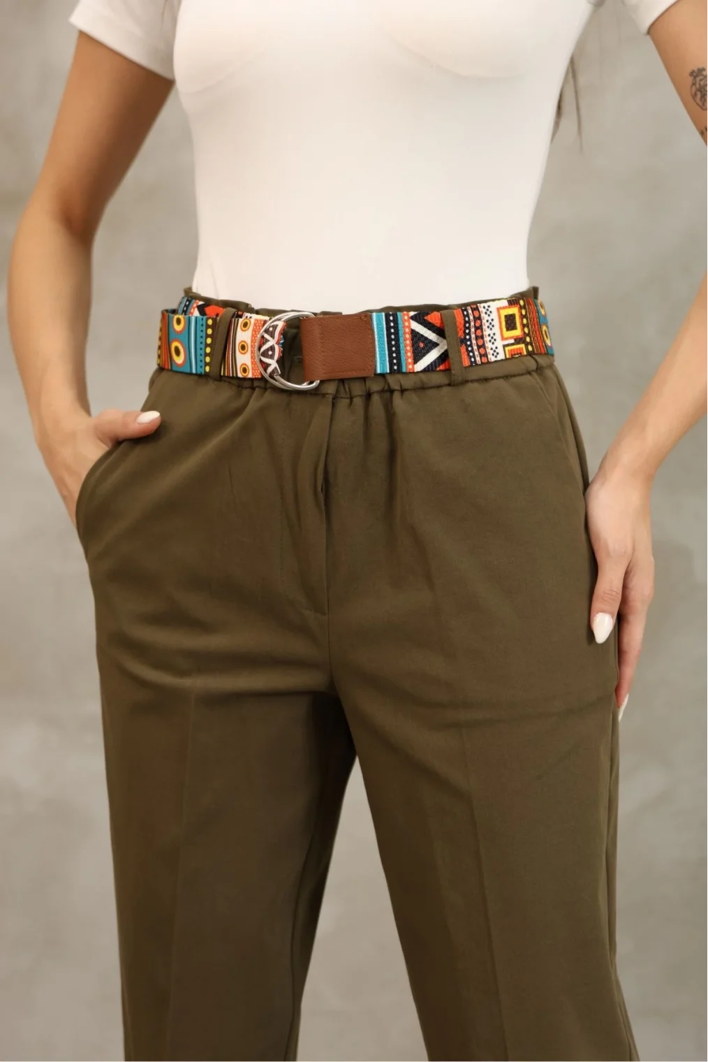 Etnik Desen Kemerli Gabardin Kumaş Pantolon 6176-Haki