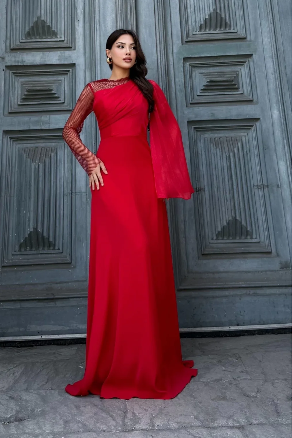 File Detaylı Abiye Elbise 2337-Kırmızı