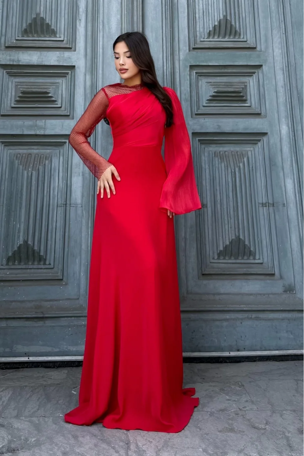 File Detaylı Abiye Elbise 2337-Kırmızı