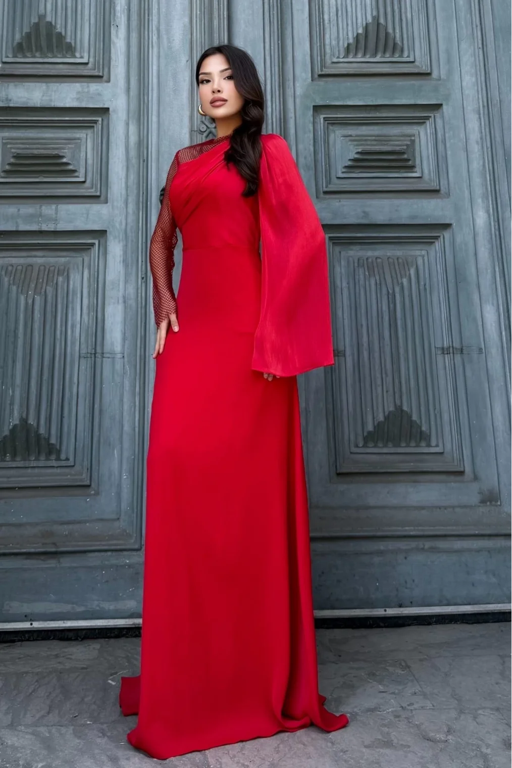 File Detaylı Abiye Elbise 2337-Kırmızı