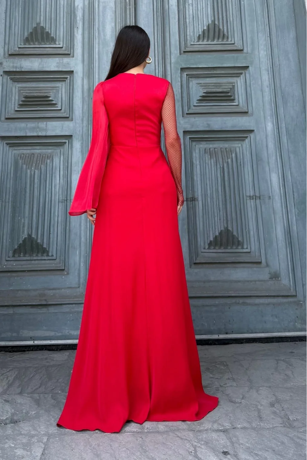 File Detaylı Abiye Elbise 2337-Kırmızı