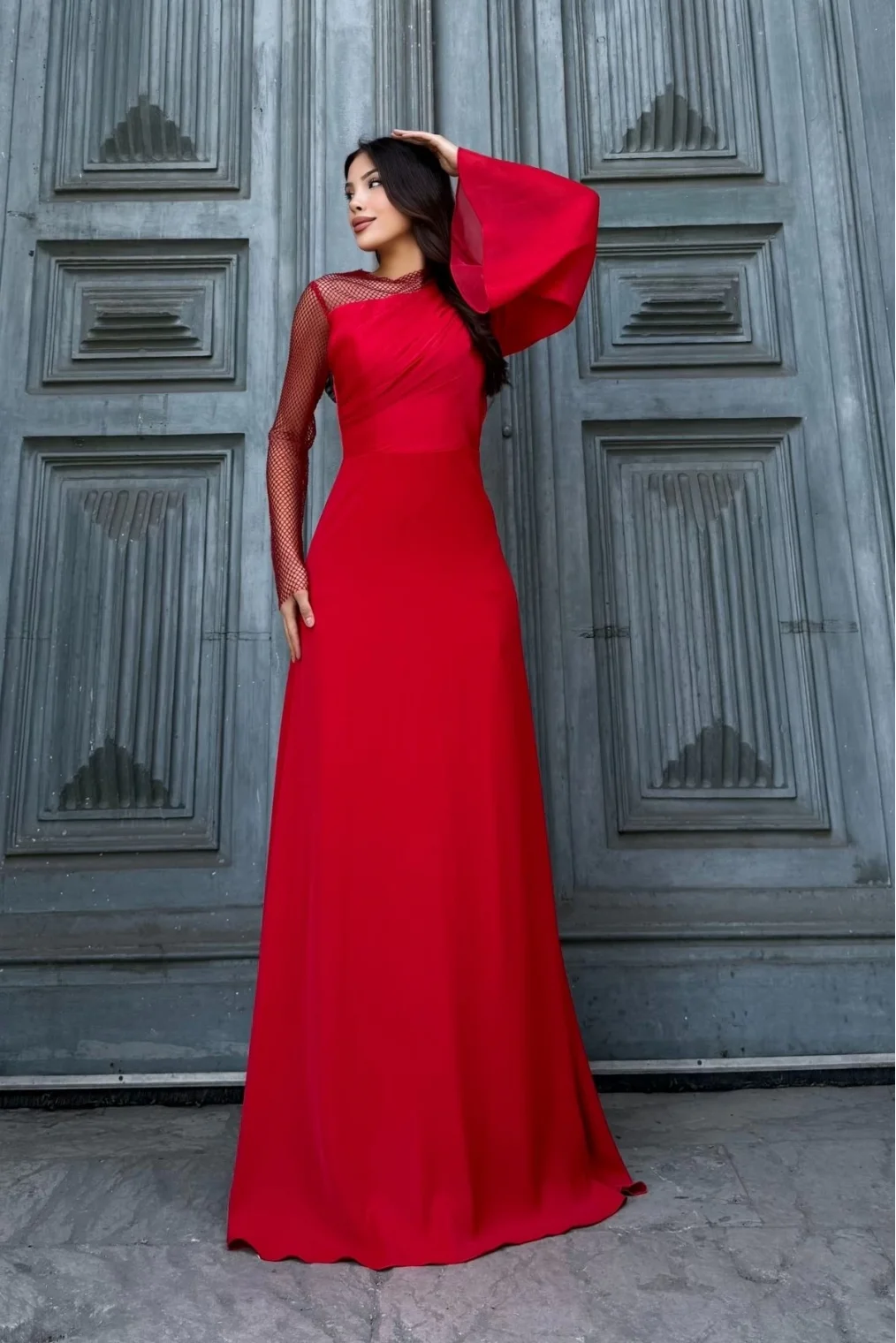 File Detaylı Abiye Elbise 2337-Kırmızı