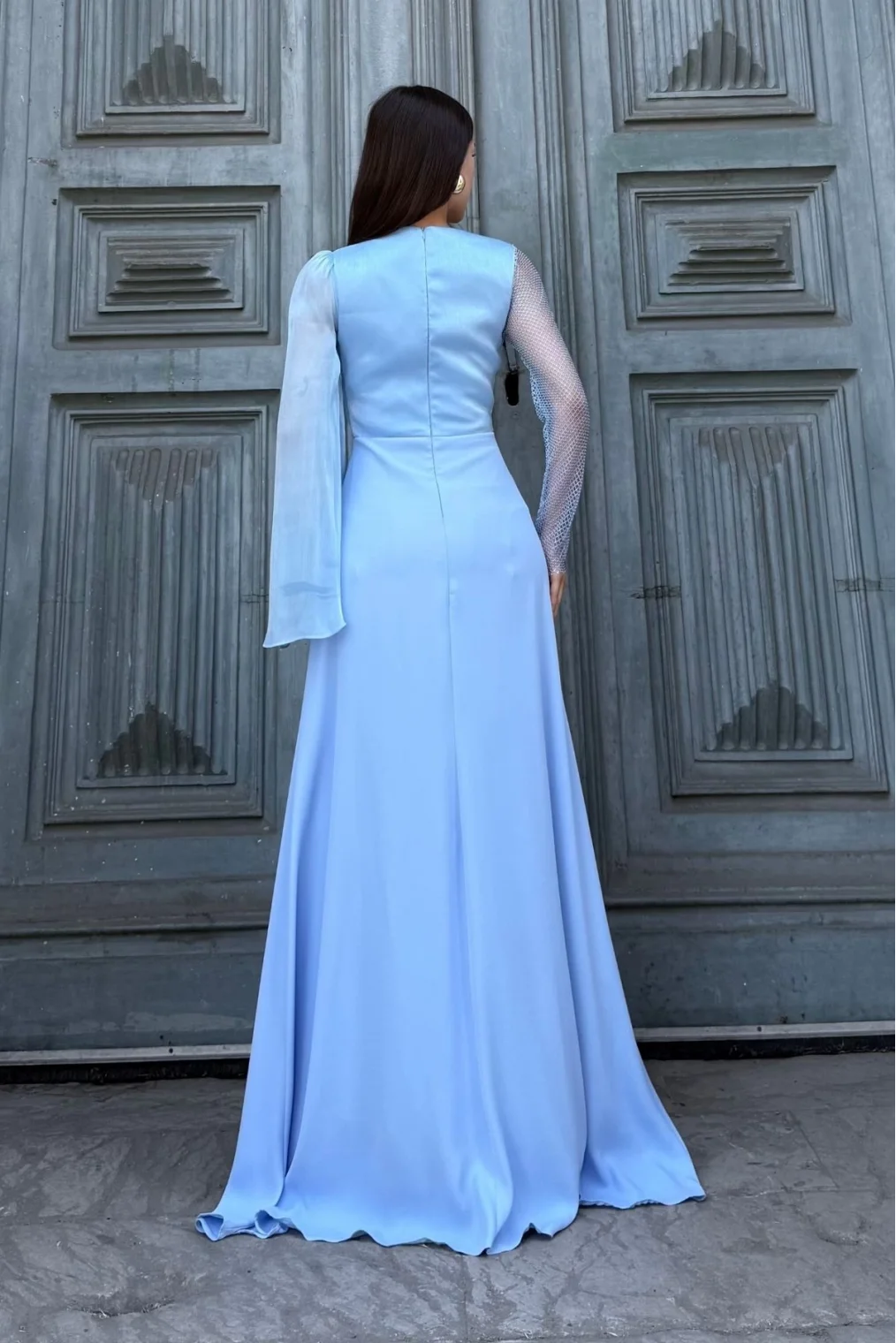 File Detaylı Abiye Elbise 2337-Mavi