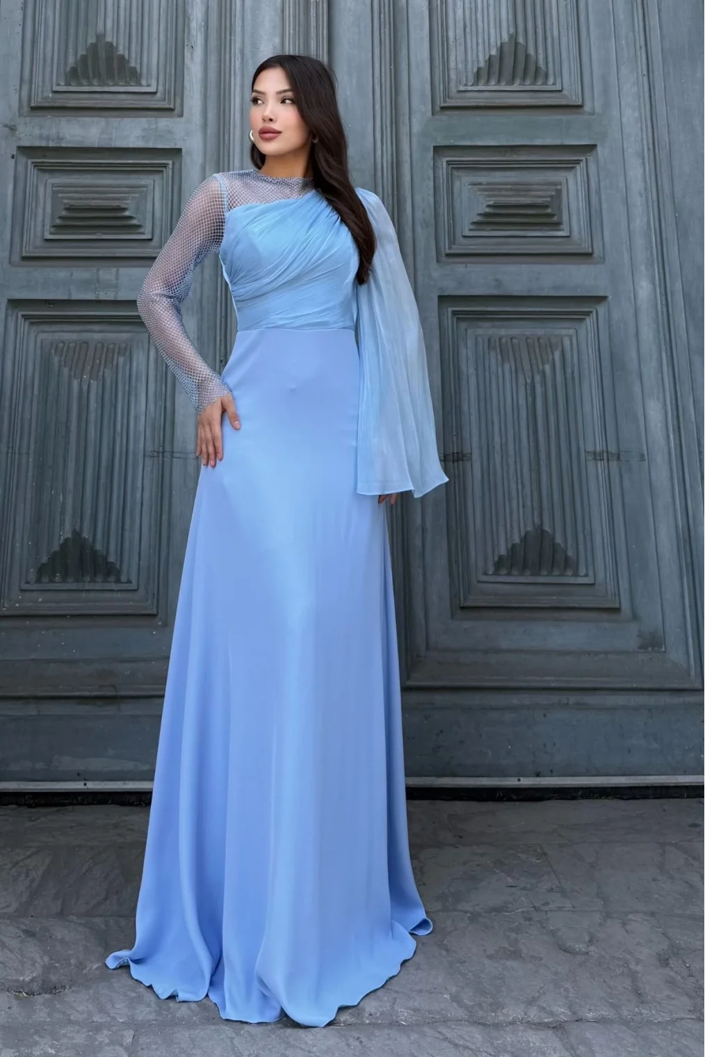 File Detaylı Abiye Elbise 2337-Mavi