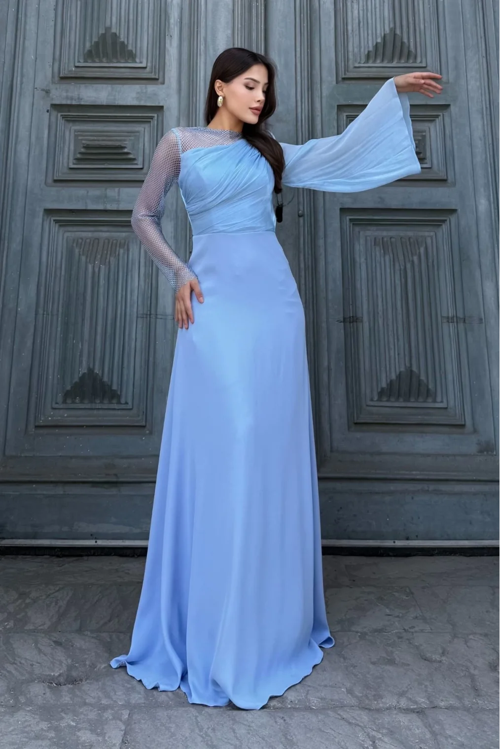 File Detaylı Abiye Elbise 2337-Mavi