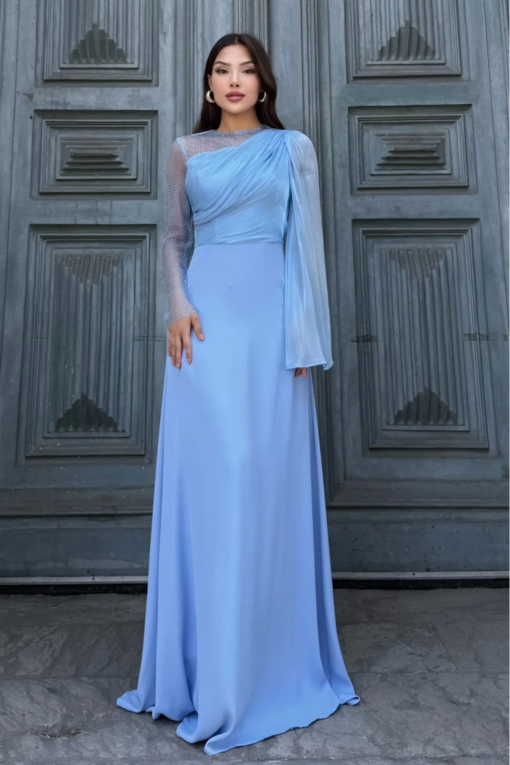 File Detaylı Abiye Elbise 2337-Mavi