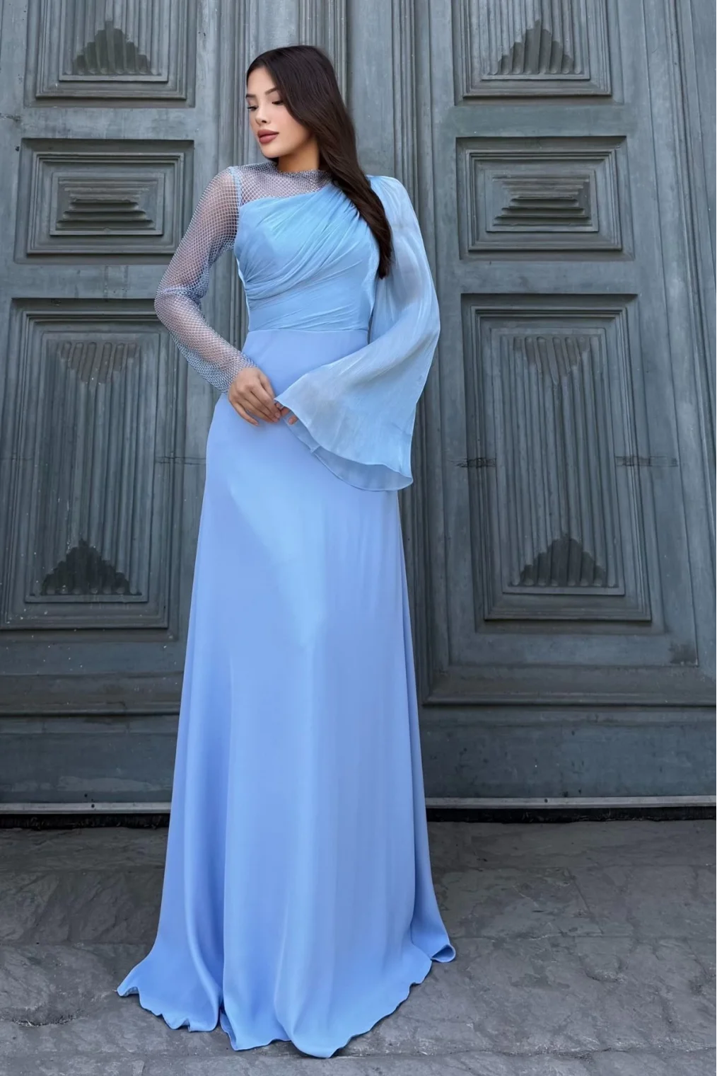 File Detaylı Abiye Elbise 2337-Mavi