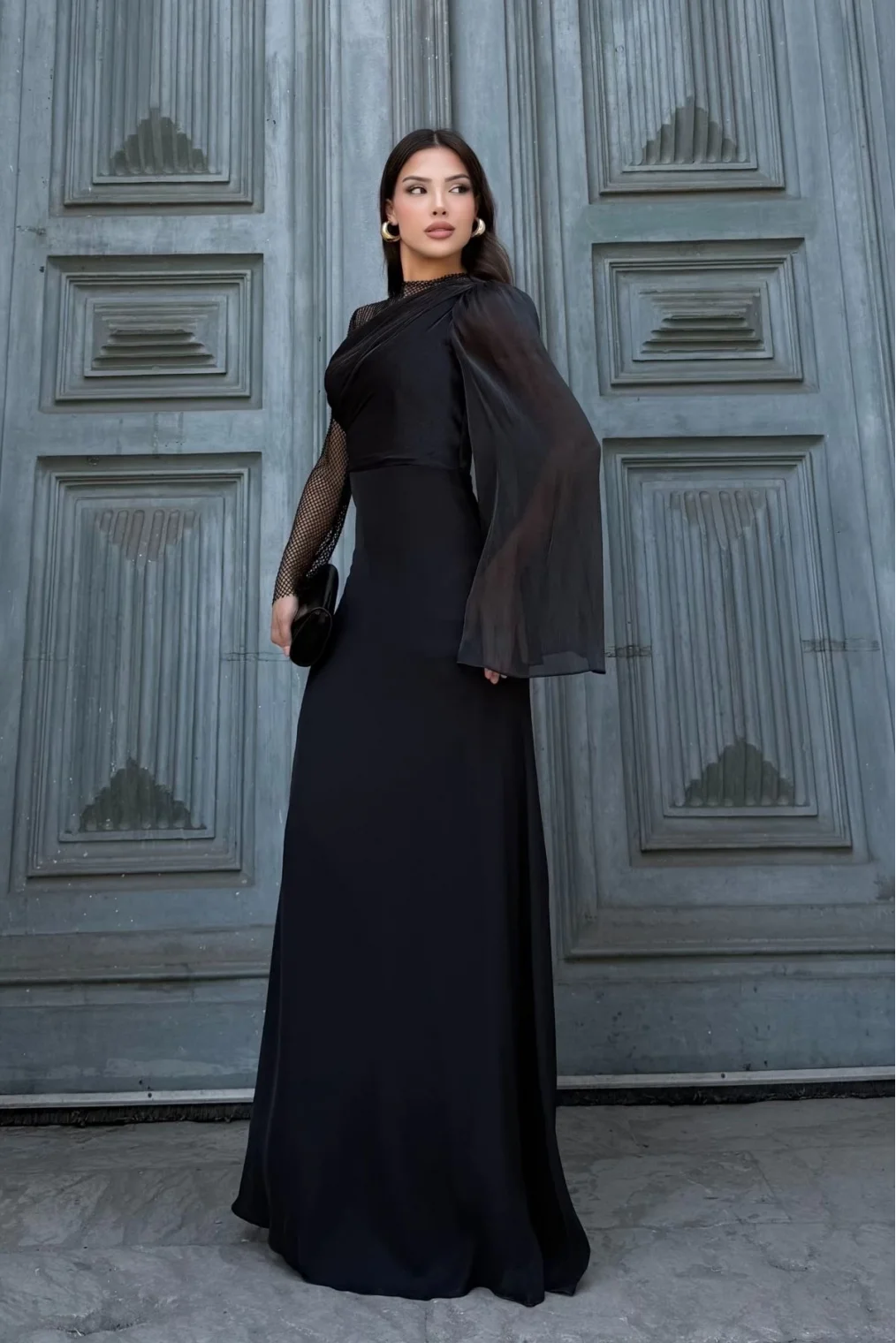 File Detaylı Abiye Elbise 2337-Siyah