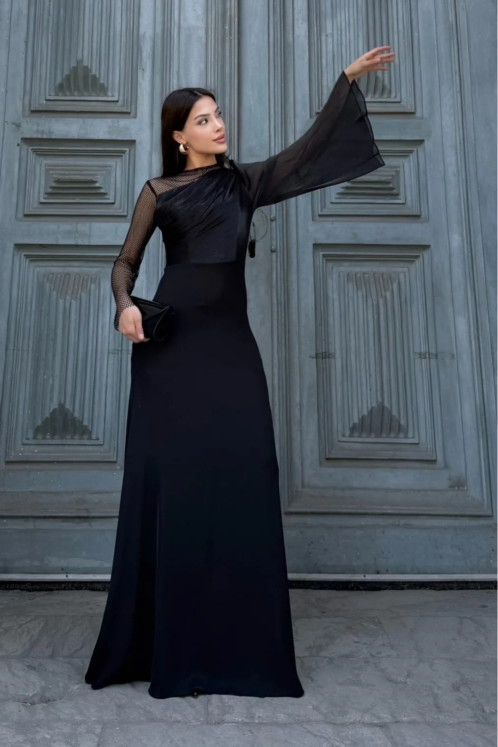 File Detaylı Abiye Elbise 2337-Siyah