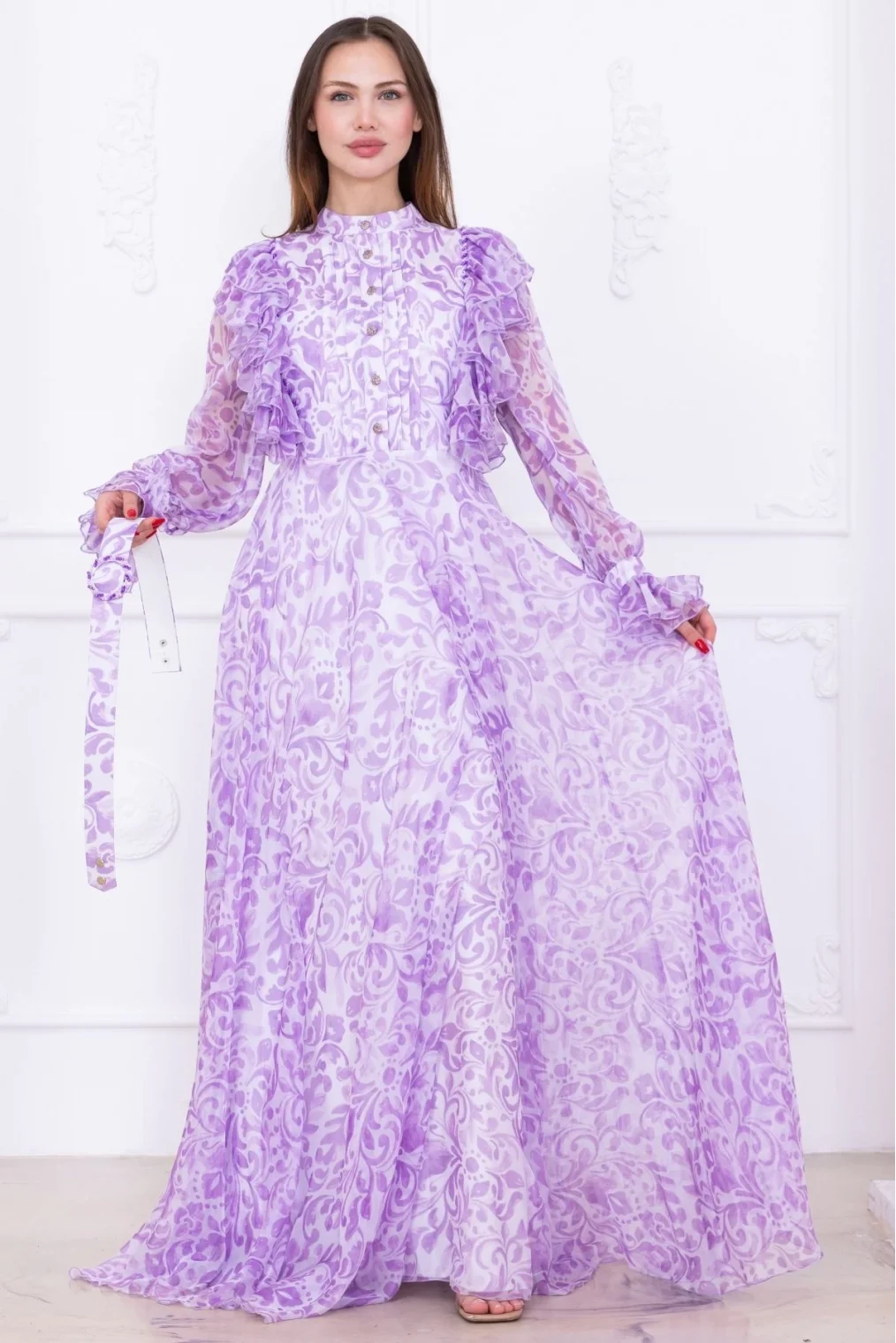 Fırfır Detaylı Önü Piliseli Boncuk İşlemeli Şifon Abiye 2734-Lila