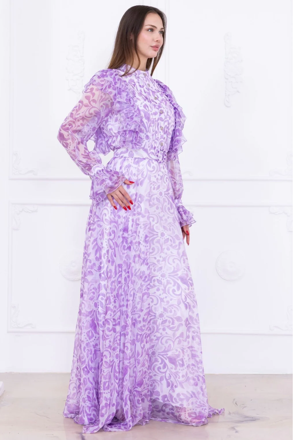 Fırfır Detaylı Önü Piliseli Boncuk İşlemeli Şifon Abiye 2734-Lila