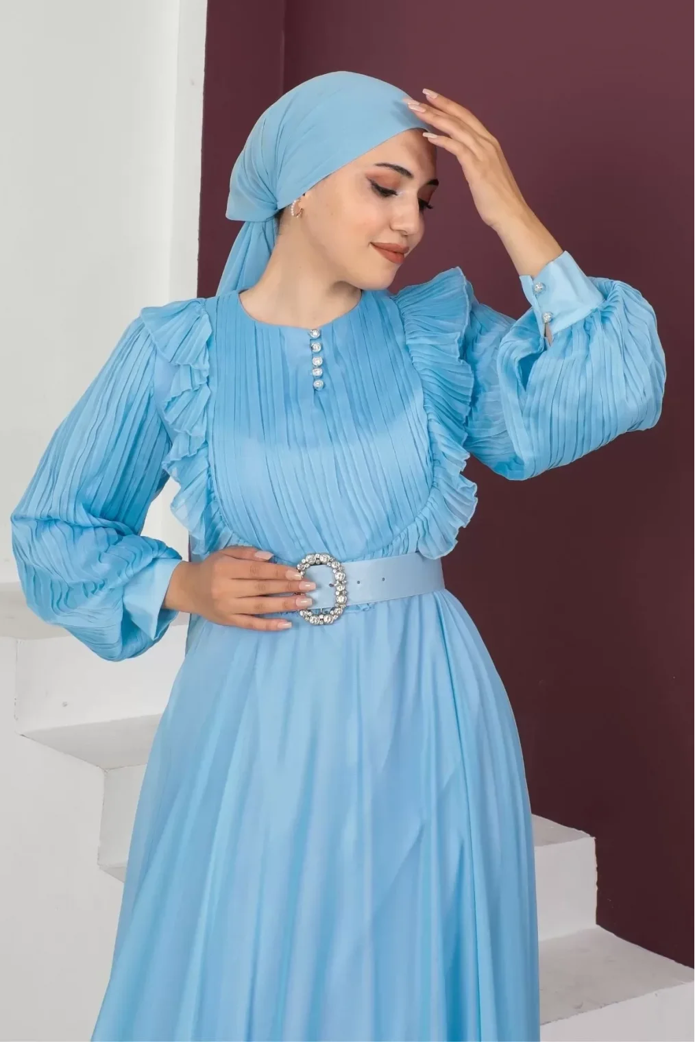 Fırfır Detaylı Pliseli Tesettür Abiye Elbise 760-Mavi