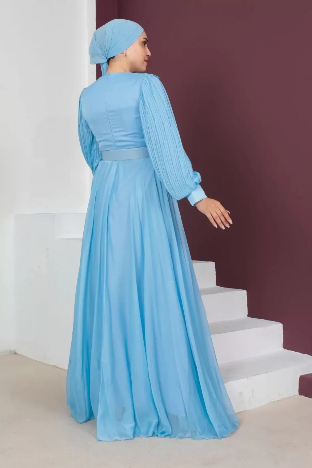 Fırfır Detaylı Pliseli Tesettür Abiye Elbise 760-Mavi