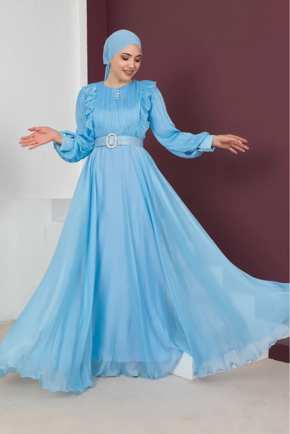 Fırfır Detaylı Pliseli Tesettür Abiye Elbise 760-Mavi