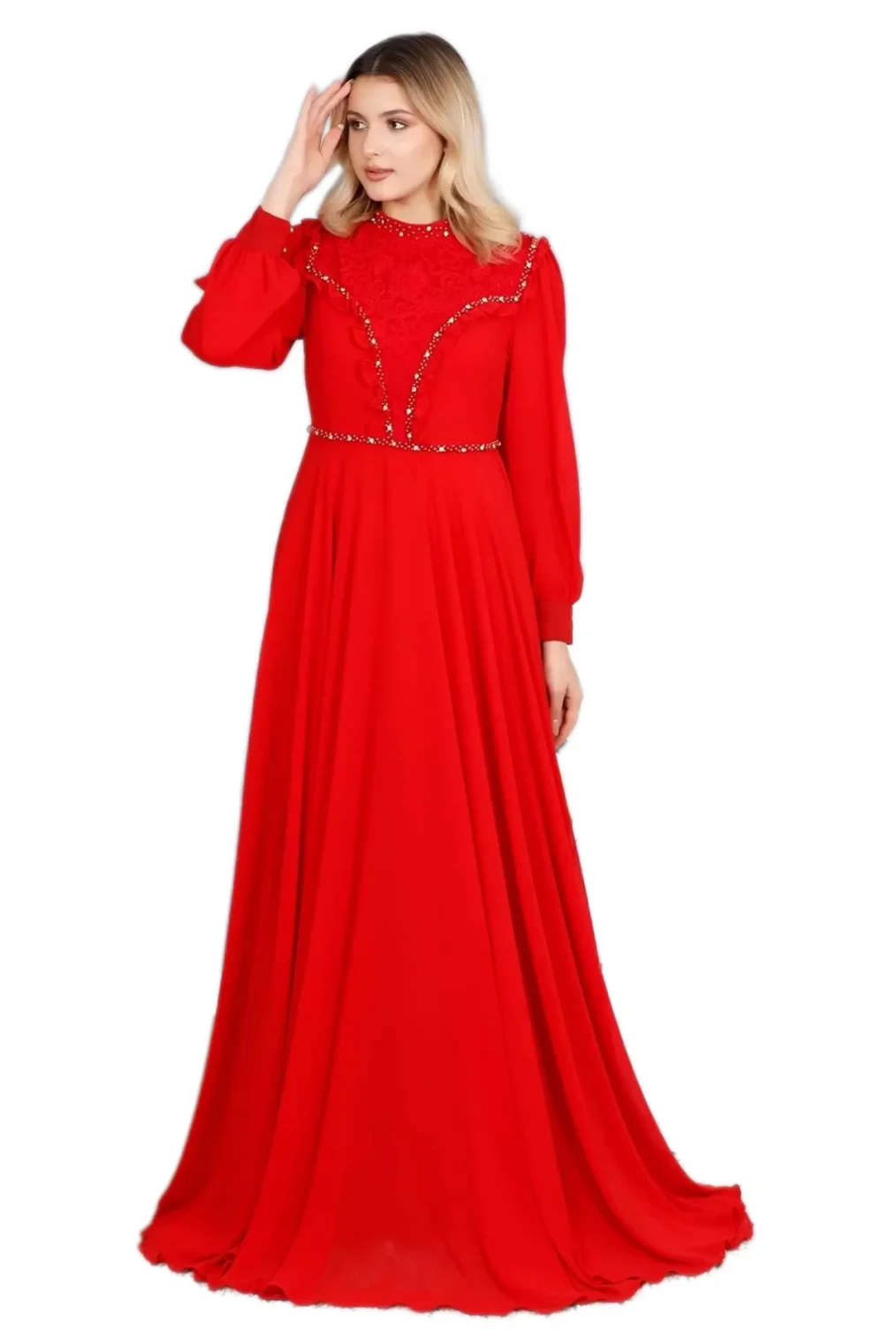 Fırfır Ve Dantel Detaylı Tesettür Abiye Elbise 726-Kırmızı