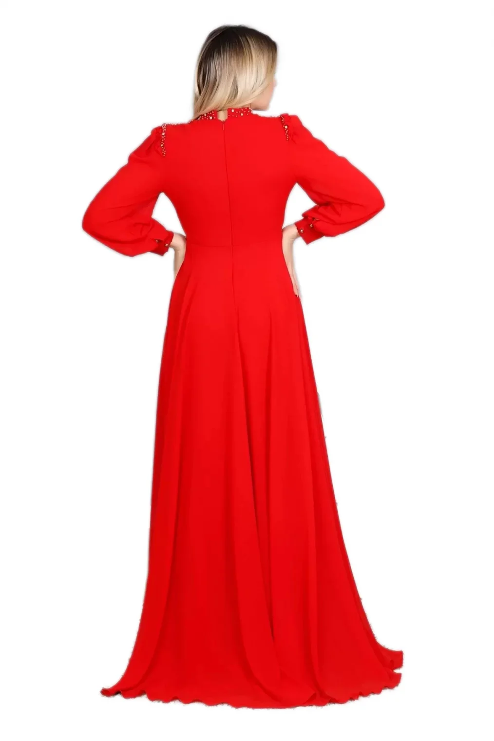 Fırfır Ve Dantel Detaylı Tesettür Abiye Elbise 726-Kırmızı