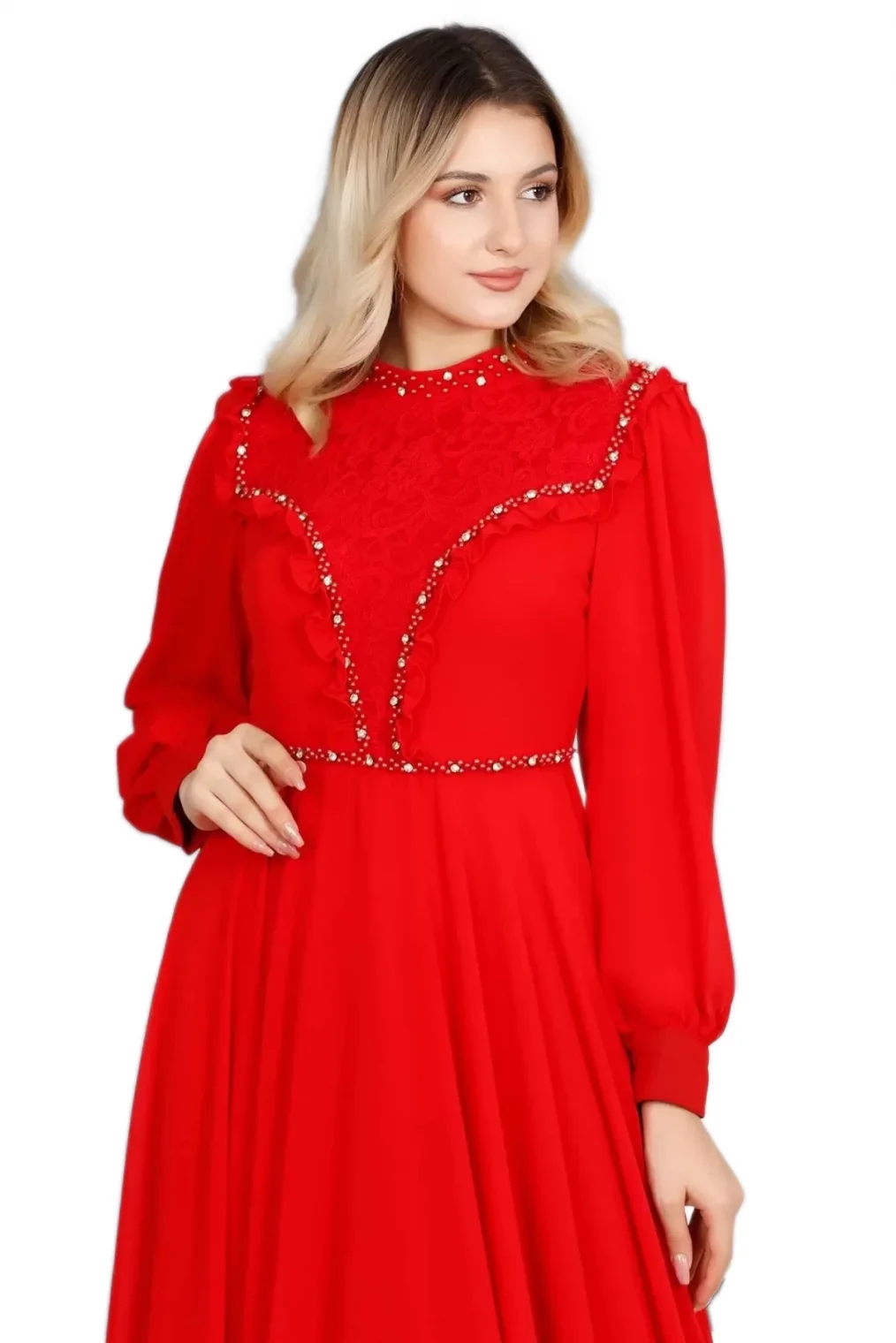 Fırfır Ve Dantel Detaylı Tesettür Abiye Elbise 726-Kırmızı