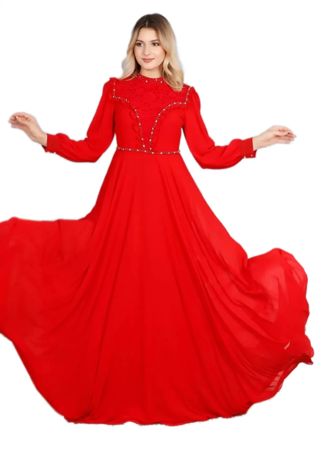 Fırfır Ve Dantel Detaylı Tesettür Abiye Elbise 726-Kırmızı