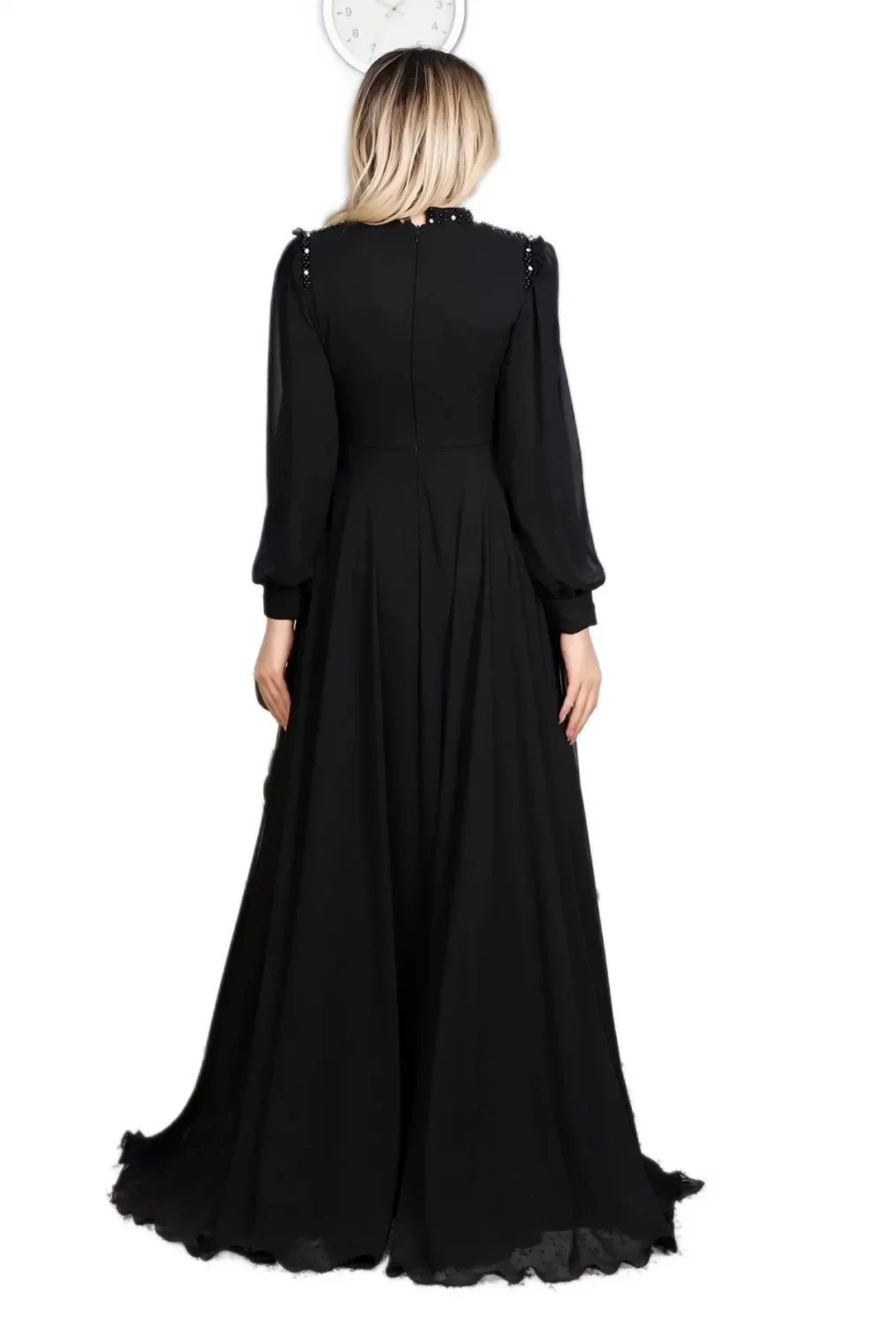 Fırfır Ve Dantel Detaylı Tesettür Abiye Elbise 726-Siyah