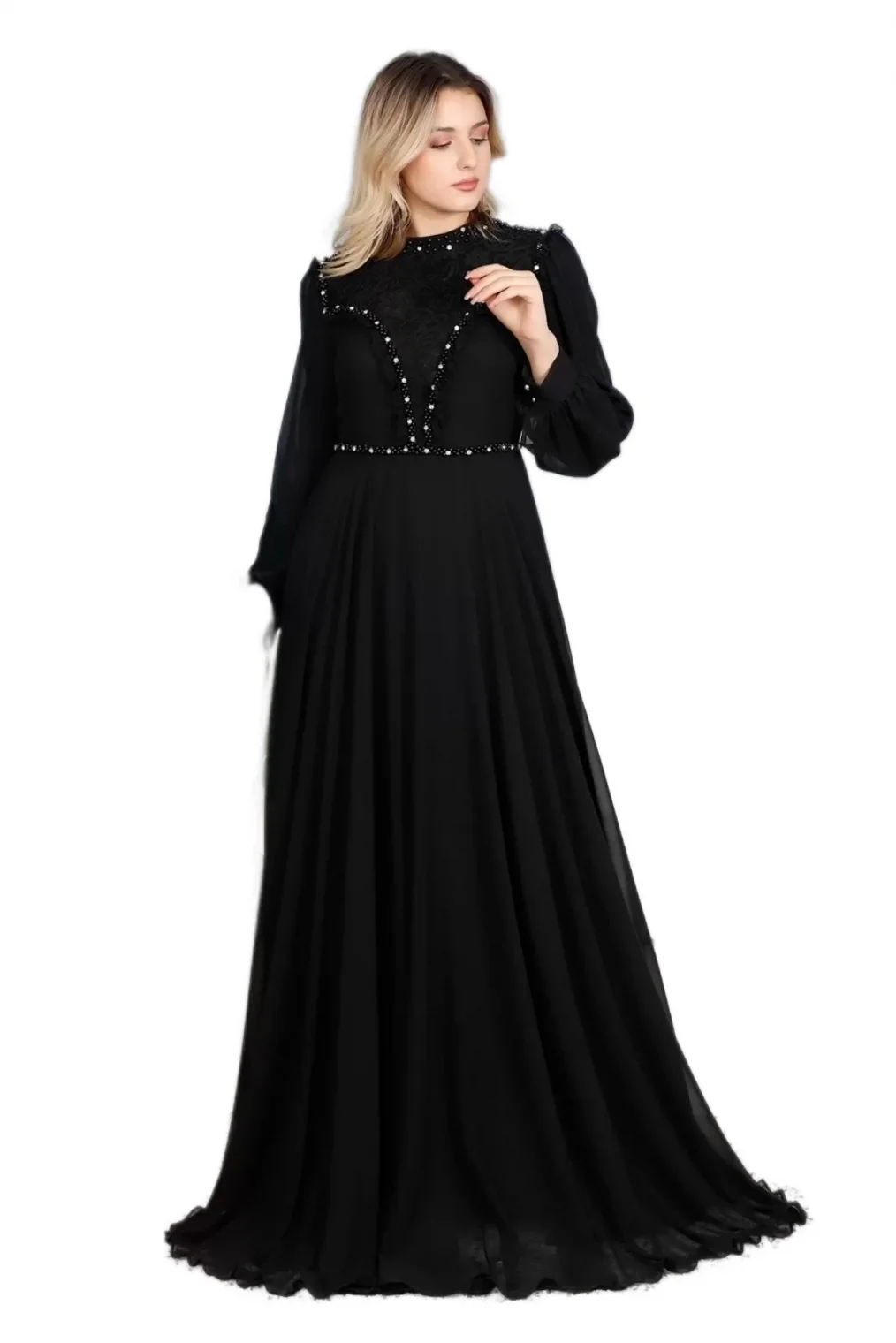 Fırfır Ve Dantel Detaylı Tesettür Abiye Elbise 726-Siyah