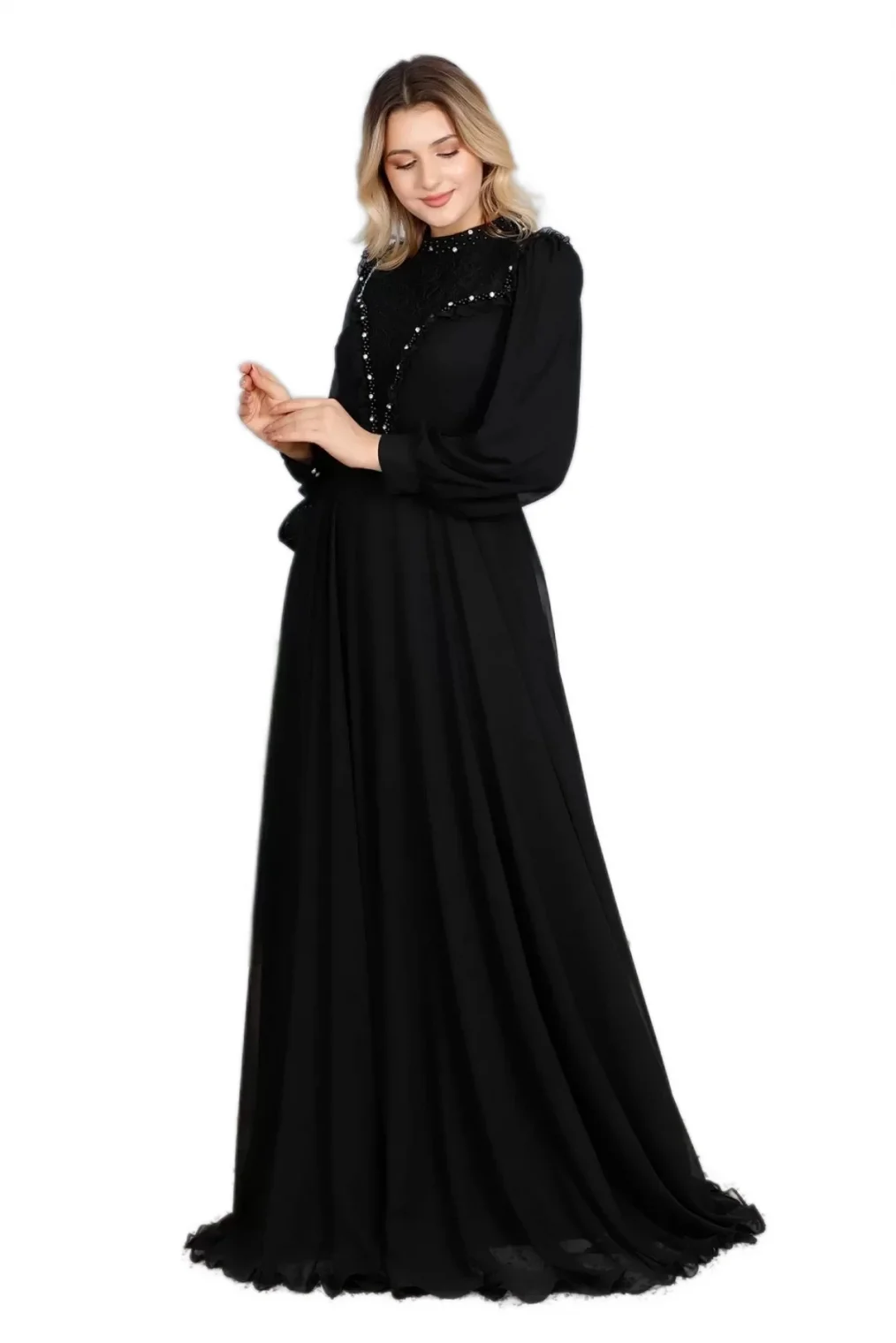 Fırfır Ve Dantel Detaylı Tesettür Abiye Elbise 726-Siyah