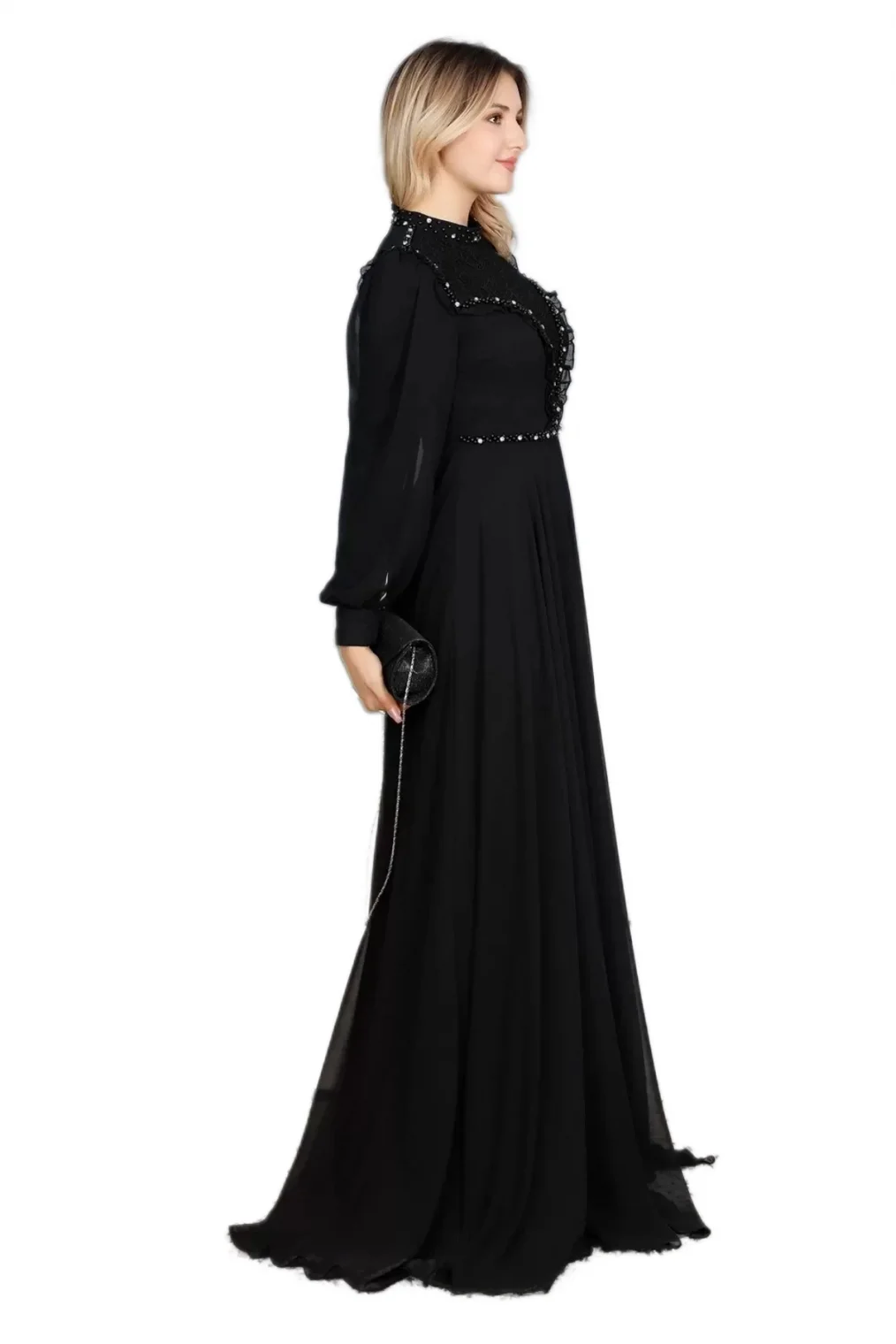 Fırfır Ve Dantel Detaylı Tesettür Abiye Elbise 726-Siyah