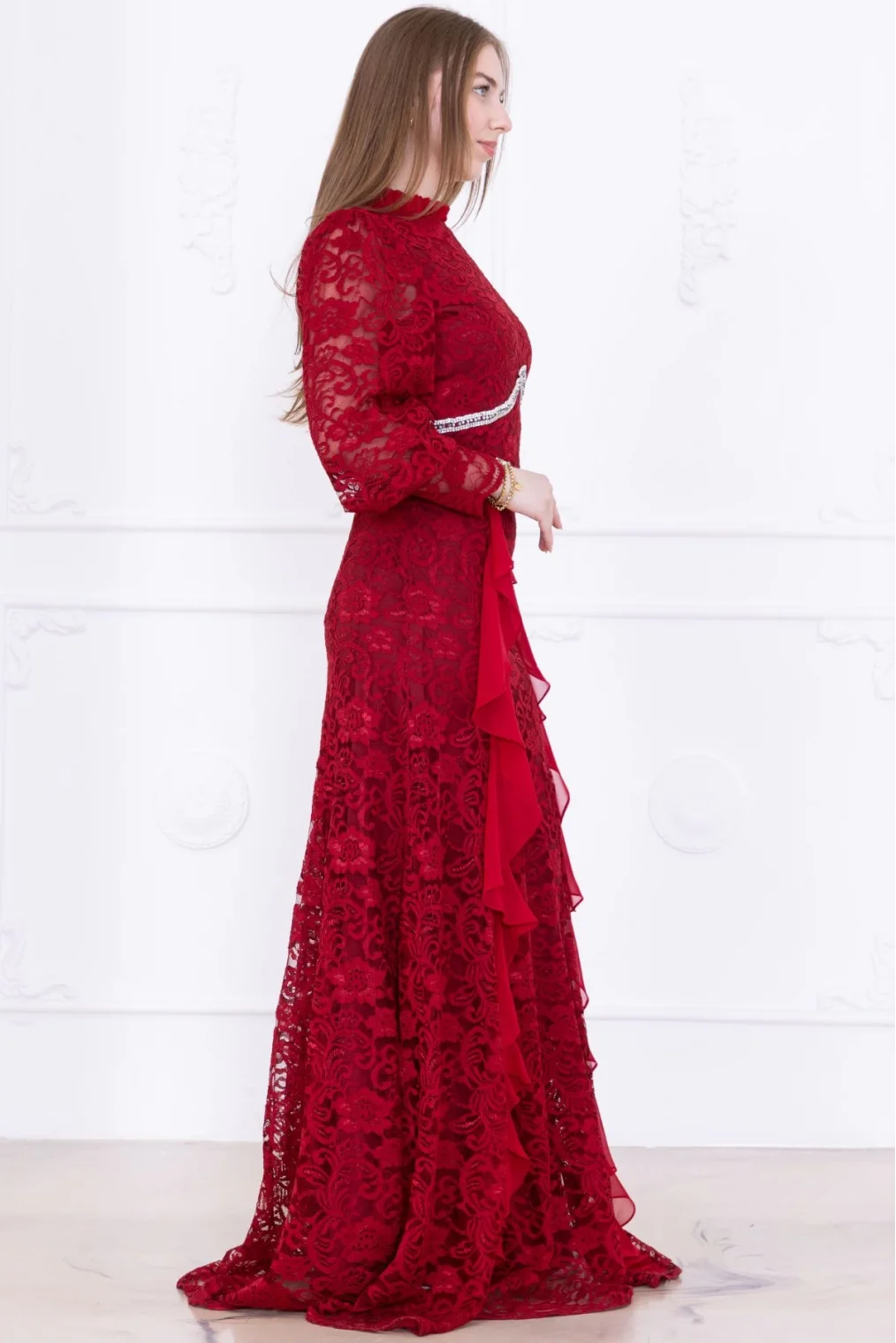 Fırfır Ve Taş Detaylı Dantel Abiye Elbise 2757-Bordo