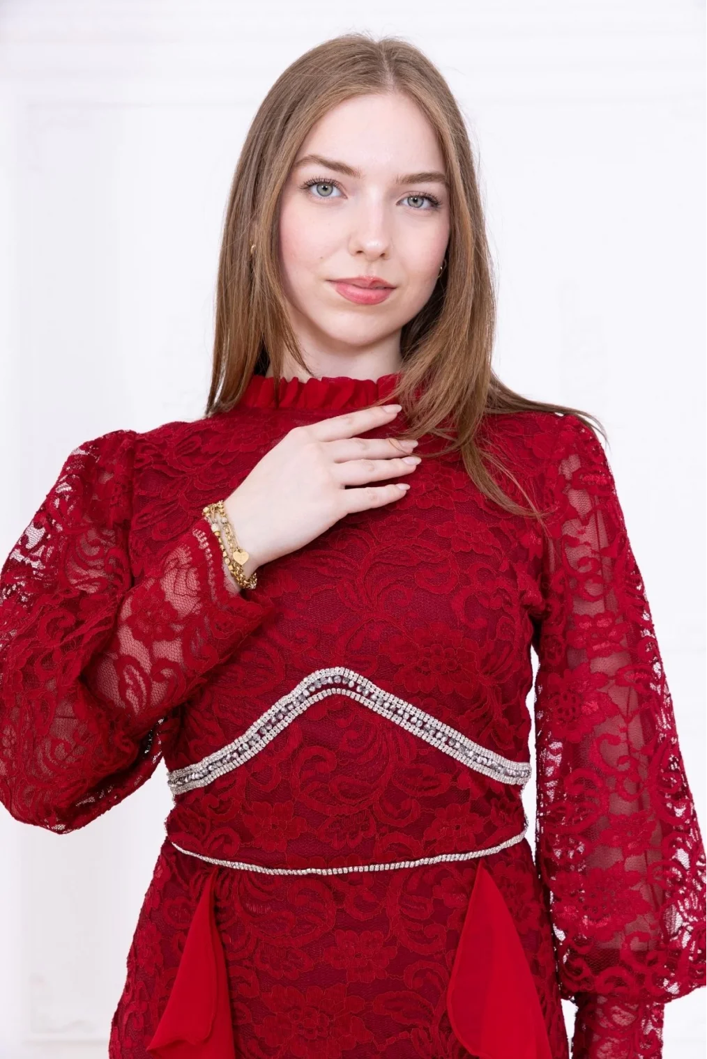 Fırfır Ve Taş Detaylı Dantel Abiye Elbise 2757-Bordo