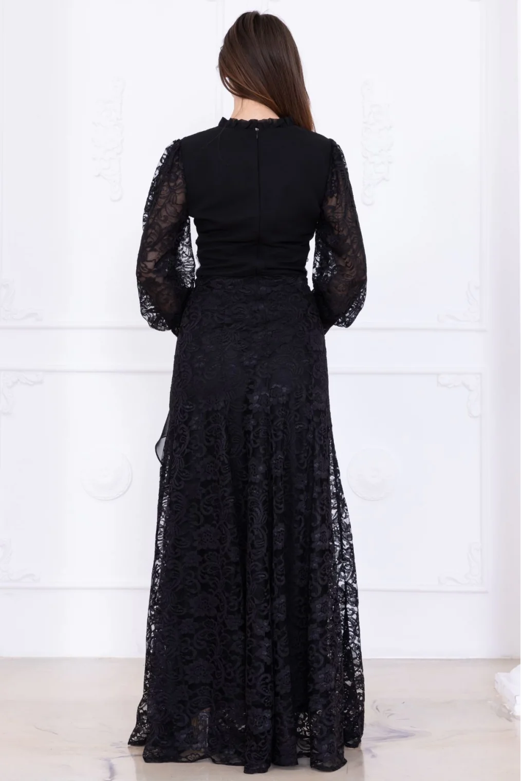 Fırfır Ve Taş Detaylı Dantel Abiye Elbise 2757-Siyah