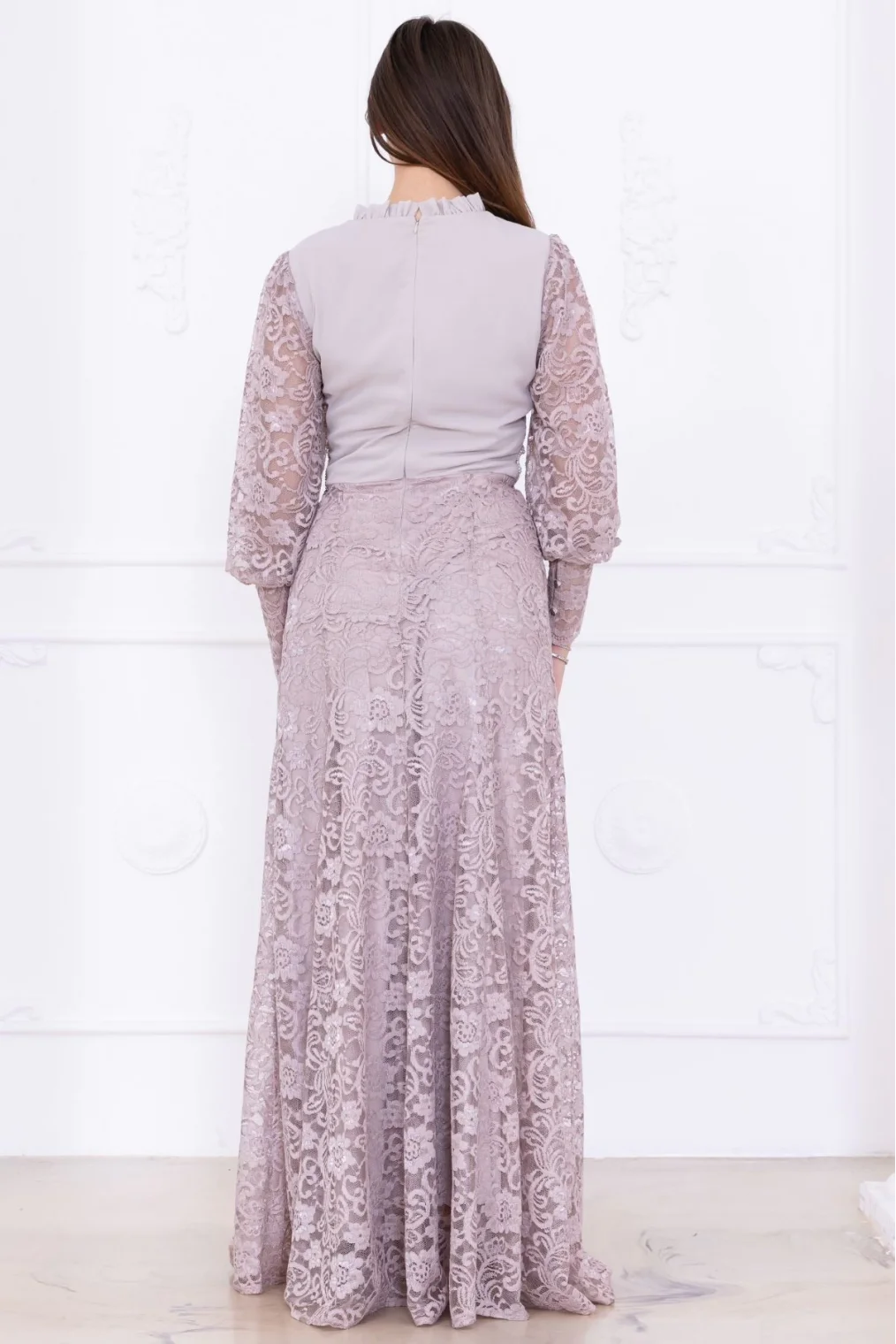 Fırfır Ve Taş Detaylı Dantel Abiye Elbise 2757-Bej