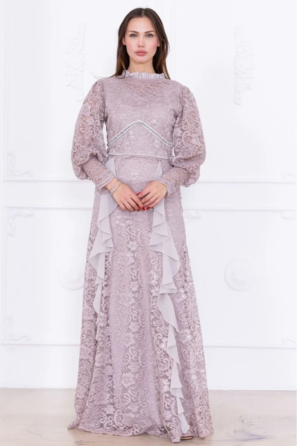 Fırfır Ve Taş Detaylı Dantel Abiye Elbise 2757-Bej