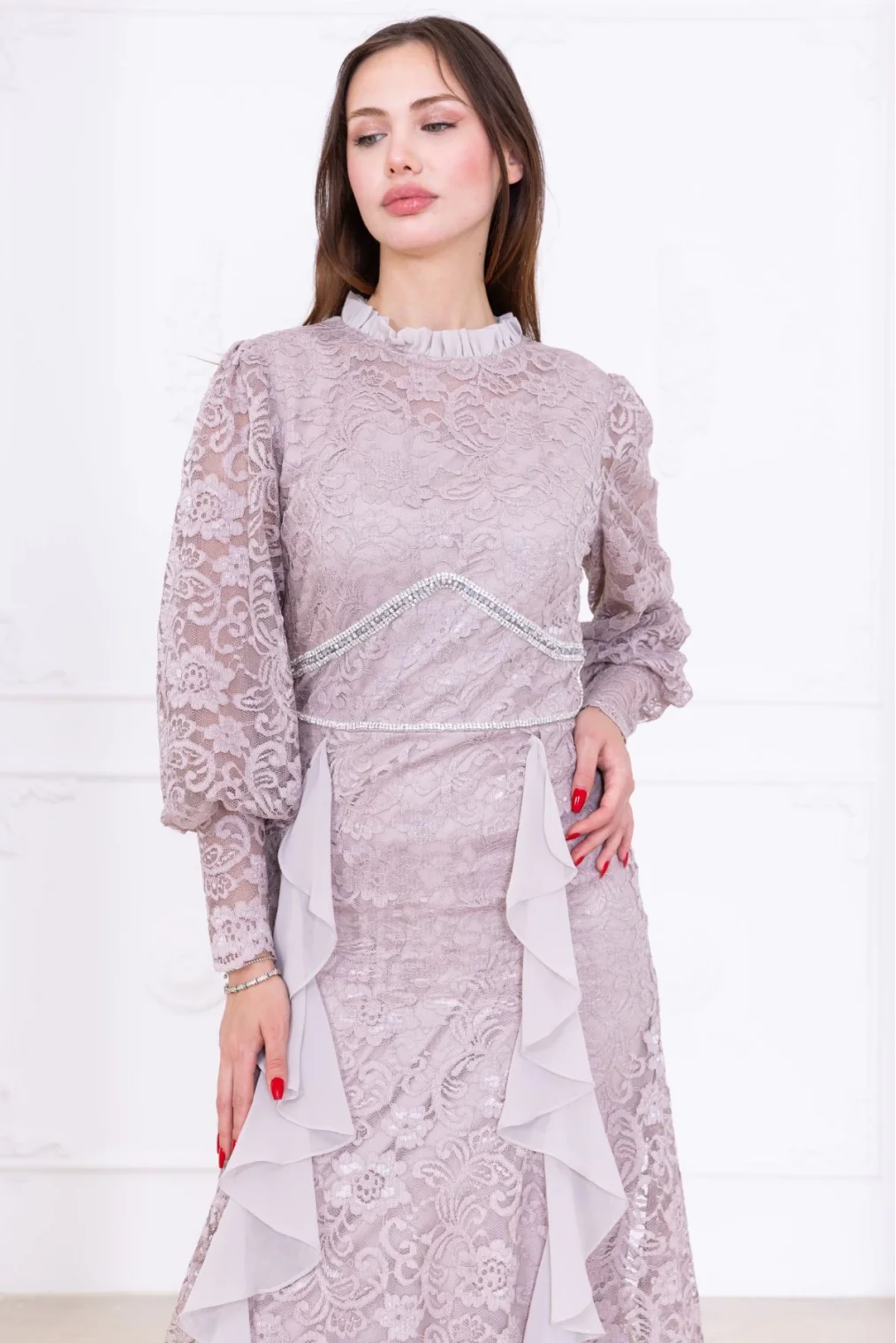 Fırfır Ve Taş Detaylı Dantel Abiye Elbise 2757-Bej