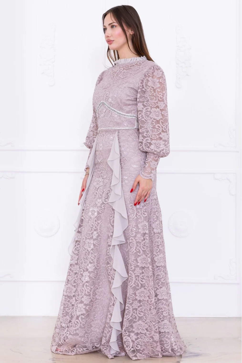 Fırfır Ve Taş Detaylı Dantel Abiye Elbise 2757-Bej