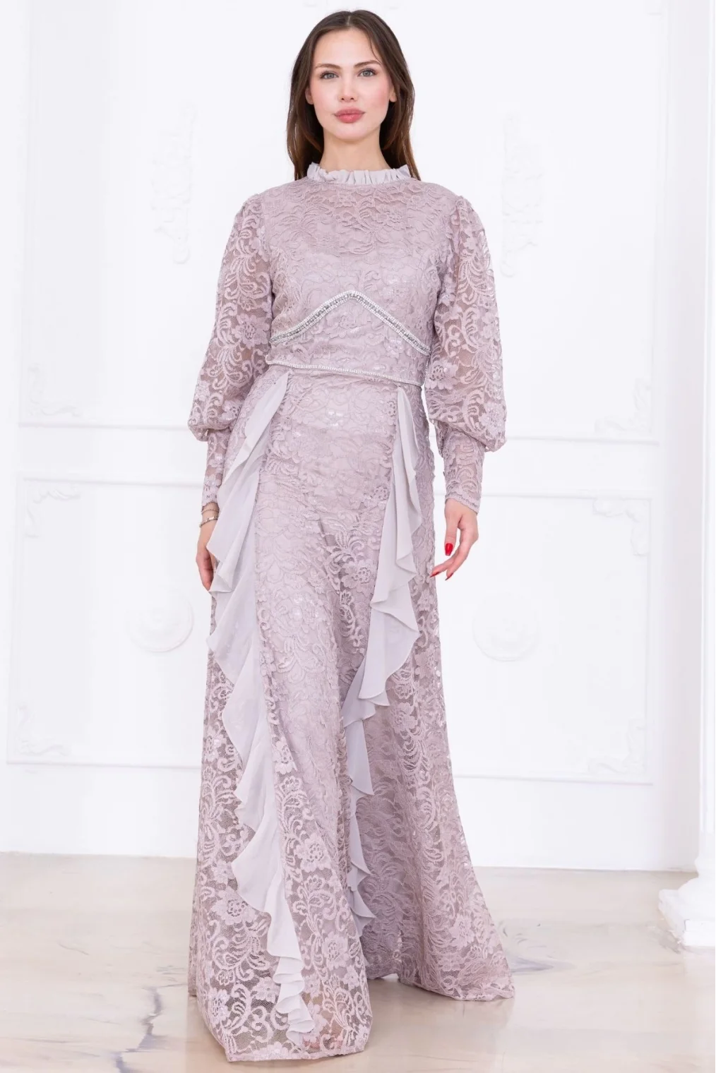 Fırfır Ve Taş Detaylı Dantel Abiye Elbise 2757-Bej