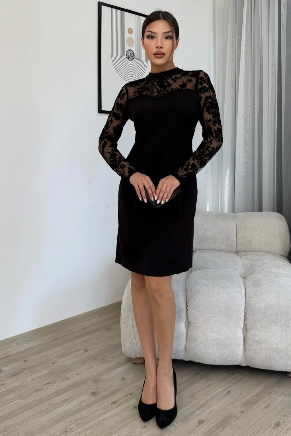 Flok Baskılı Boncuk İşlemeli Elbise 6023-Siyah