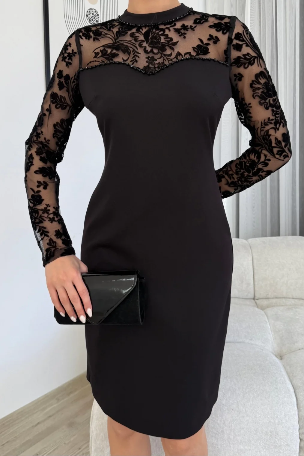 Flok Baskılı Boncuk İşlemeli Elbise 6023-Siyah